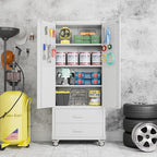 Garage Storage Cabinet with 2 Drawers and Pegboard, Metal Storage Cabinet with 2 Lockable Doors for Garage Home Office,Required Assembly,White,71.2" H*15.2" D*30" W