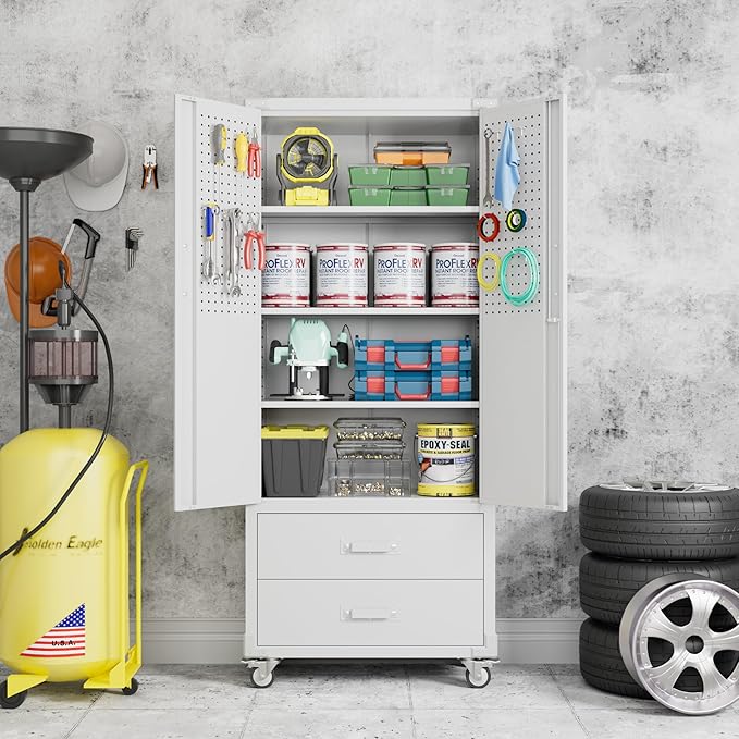 Garage Storage Cabinet with 2 Drawers and Pegboard, Metal Storage Cabinet with 2 Lockable Doors for Garage Home Office,Required Assembly,White,71.2" H*15.2" D*30" W