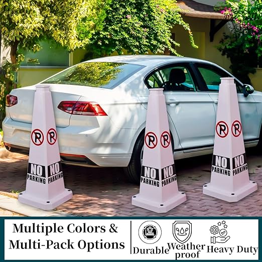 BESEA No Parking Cone 6 Pack, 28" No Parking Sign Cone with Weighted Base, White 4-Sided “ NO Parking” Warning Cone for Driveways Business Parking Lots Garages Indoor/Outdoor