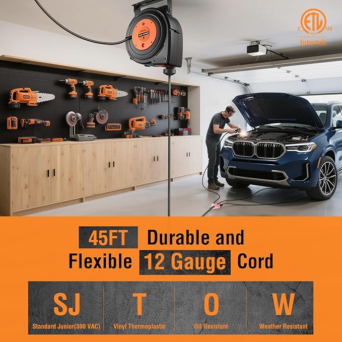 SURAIELEC 12 Gauge Extension Cord Reel, 45 FT Retractable Extension Cord, 12 AWG/3C SJTOW Heavy Duty Power Cord, 15 AMP Circuit Breaker, Lighted Triple Tap, Ceiling or Wall Mount, ETL Listed, Orange