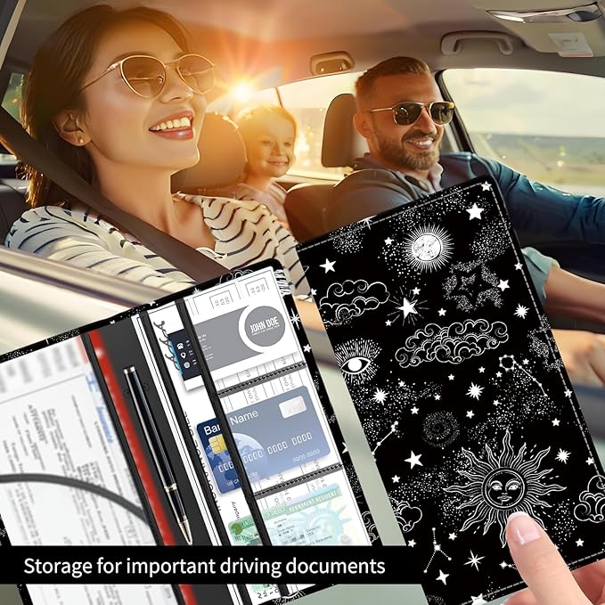 Premium Car Registration and Insurance Card Holder, Cute PU Leather Car Document Holder, Vehicle Glove Box Car Organizer with Magnetic Closure for Driver License, Cards Black Celestial Sky