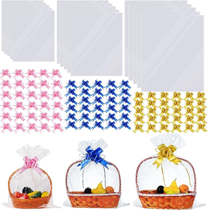 120 Packs Large Clear Cellophane Bags 14x20 18x24 24x30 Inches Jumbo Gift Basket Wraps Extra-large Clear Plastic Bags for Fruit Basket, Gift Wrap, Treats, Arts and Crafts, 120 pcs Pull Ribbon Bow Ties