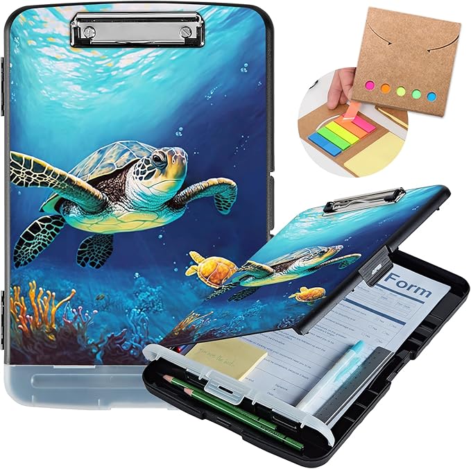 Clipboard with Storage,Heavy Duty Plastic Storage Clipboard with Low Profile Clip,Teacher Must Haves,Office Supplies,Ocean Sea Turtle Fish