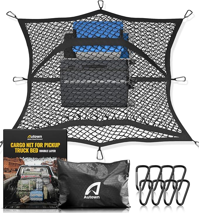 Cargo Net for Pickup Truck Bed - Stretchable 4'x4' to 7'x7', High Elastic Fine Mesh 1''x1'' with 8 Metal Carabiners - Ideal for ATV, SUV, UTV, Truck and Boat Use (Double Layer)