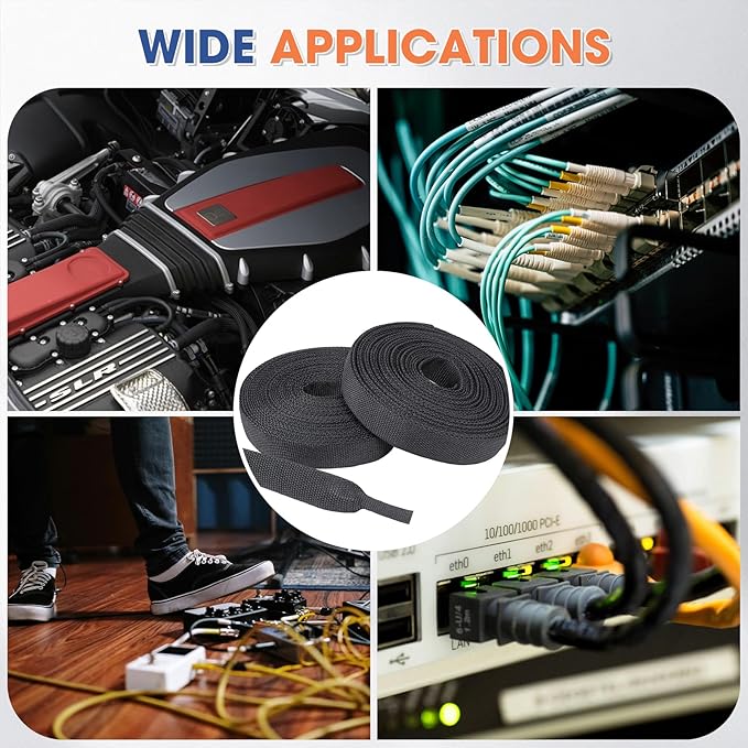 2:1 Heat shrinkable Braided Sleeving Fabric Wire Loom High Temp Heat Shrink Wiring Harness Abrasion Protector Cable Sleeve(3/8"-34ft)