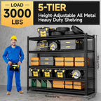 5-Tier 60”D X 20”W X 72”H Garage Shelving Heavy Duty 3000LBS Shop Shelves Heavy Duty Adjustable Unit Rack Metal Rack (Black)