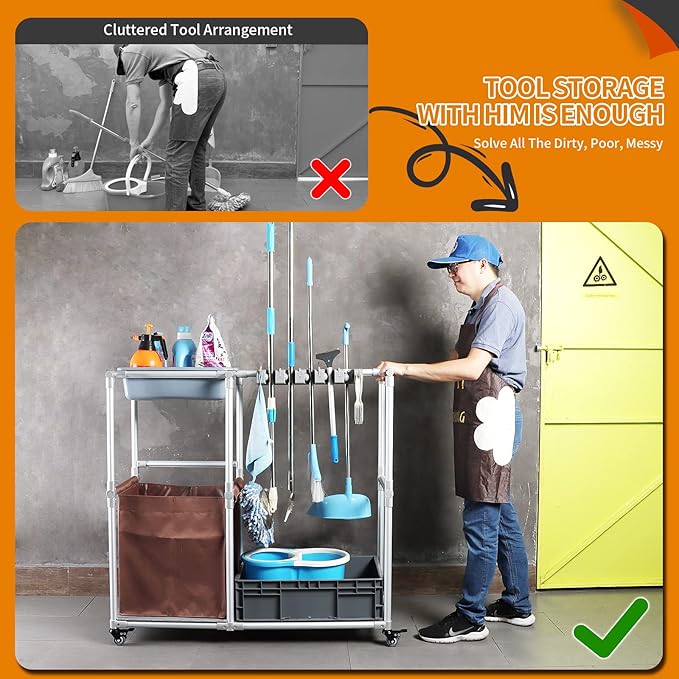 Janitorial cart Rolling Cleaning cart on Wheels for Cleaning Supplies Housekeeping Station Broom and mop Organizer