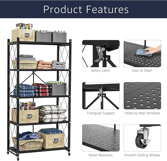 Lifetime Home 5-Tier Foldable Storage Shelf with Wheels - Metal Collapsible Shelving Unit Display, Rolling Cart for Books Kitchen Storage Shelves, Pantry & Closet Organizer, Office Room Decor - Black