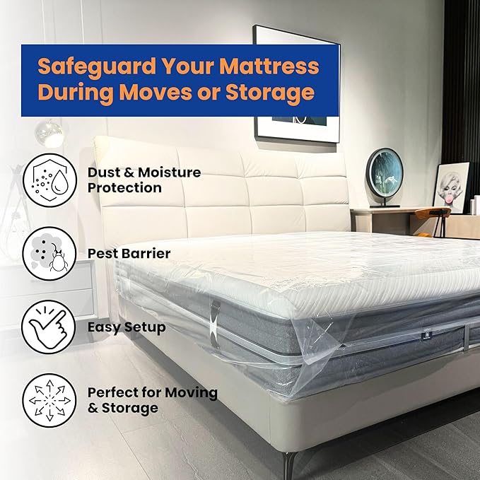 VICMORE 2 Pack King Mattress Bags for Moving, Storage & Disposal – Clear Heavy-Duty Plastic Covers, Tear-Resistant & Dustproof, Recyclable