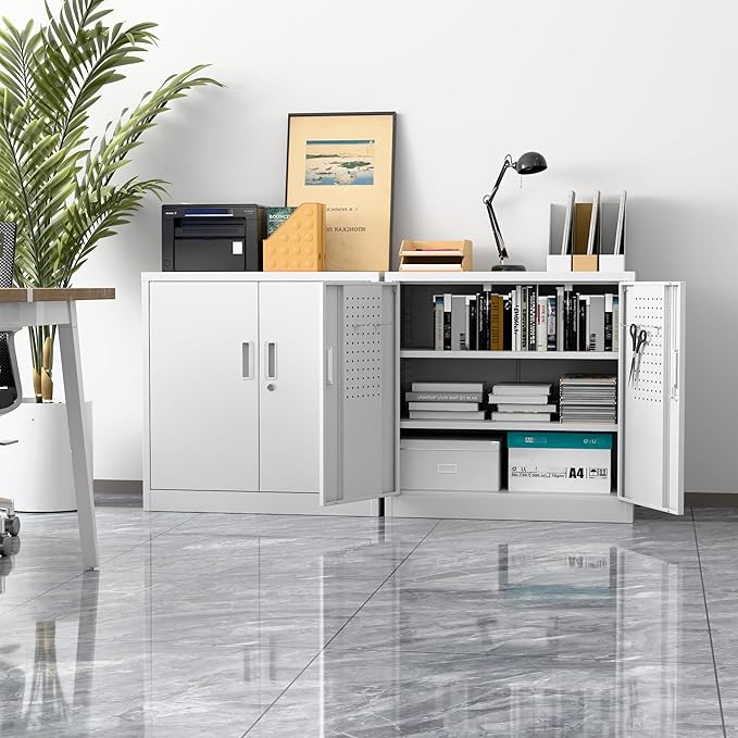 Metal Storage Cabinet with Lock, Lockable Metal Garage Cabinet with Pegboards and Hooks for Garage,Warehouse,Home,Office, Assembly Required,White