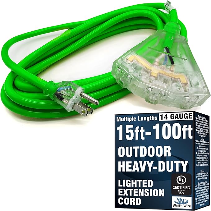 15 ft Outdoor Extension Cord Waterproof - 14 Gauge Heavy Duty Extension Cord 15 ft - Lighted Outdoor Extension Cords with Multiple Outlets - Watts Wire - 15' Grounded - extensiones electricas