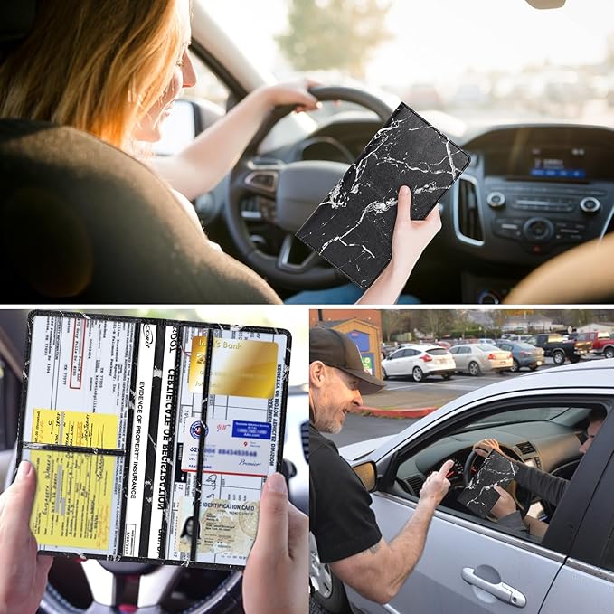 2Pack Leather Car Registration and Insurance Card Holder, Car Document Holder for Cards License with Magnetic Shut (Marble Black)
