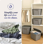 HOMZ 8-Pack Durable Molded Bin, Plastic Storage Containers w/Lids, 18 Gallon, Gray - Stackable Organizer Totes and Boxes for Bedroom, Kitchen, and Garage Organization