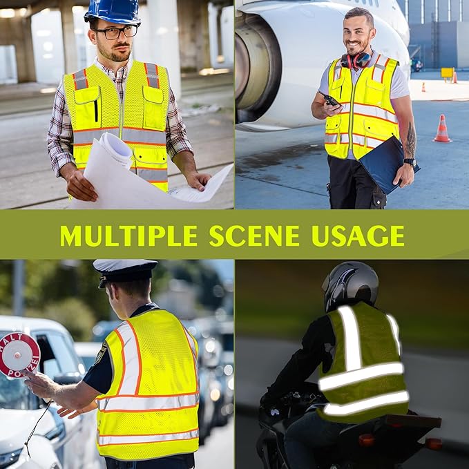 High Visibility Safety Vest - Reflective Breathable Mesh with 9 Pockets, Front Zipper for Men & Women - Meets ANSI/ISEA Standards