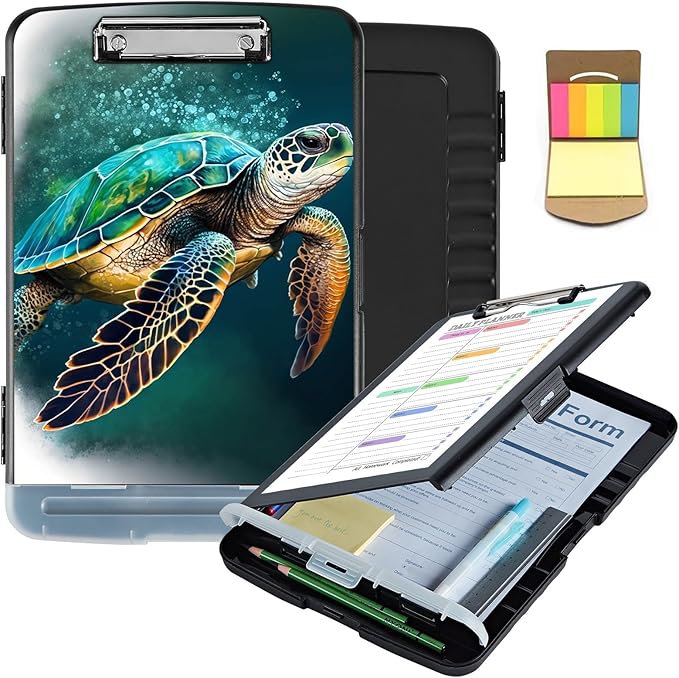 Clipboard with Storage,Clip Boards 8.5X11 with Storage & Pen Holder,Heavy Duty Plastic Nursing Clipboards Foldable,Coaches Clipboard Folder Case,School Office Supplies，Green Sea Turtle