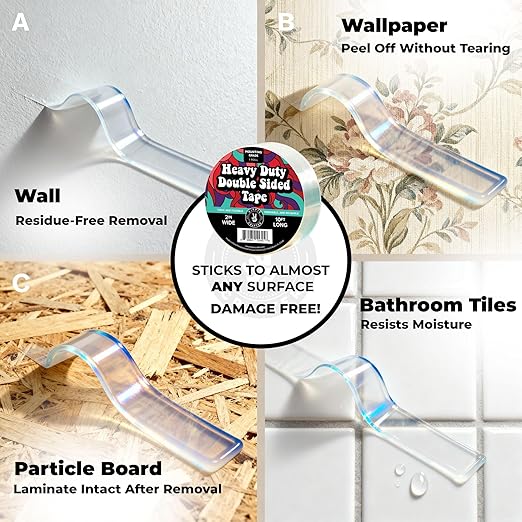 HIPPIE CRAFTER Strong Double Sided Tape Heavy Duty Wall Tape or Mounting Transparent Clear Nano Reusable and Removable Roll 1" x 10FT - 2 Pack