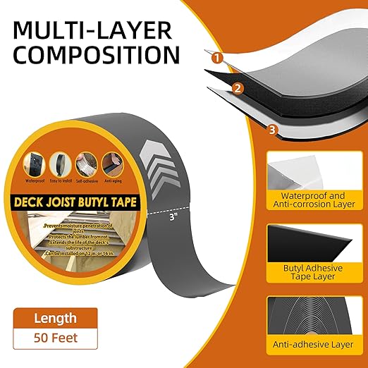 Joist Tape 3" x 50', 1pack Self-Adhesive Deck Joist Flashing Tape for Hardwood, Thermal Wood, PVC, Pressure Treated, and Composite Decking