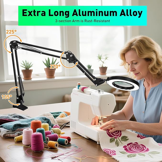 12X Magnifying Glass with Light and Clamp, Ultra Long 3-Section Arm LED Lighted Desk Magnifier, Helping Hand Solder Station, 5 Color Stepless Dimming, 4-Way Large Clip for Craft Workbench Repair