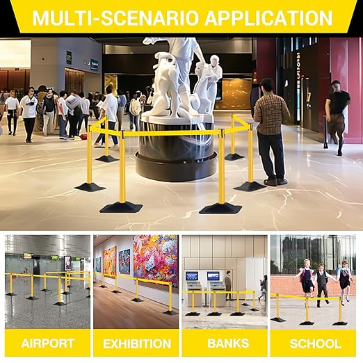 10 ft Crowd Control Stanchion Set, Crowd Control Barrier, Stanchions with Retractable Belts & Water Filled Base, Retractable Stanchions, Queue Management Stanchion (4 Pack) (Yellow)