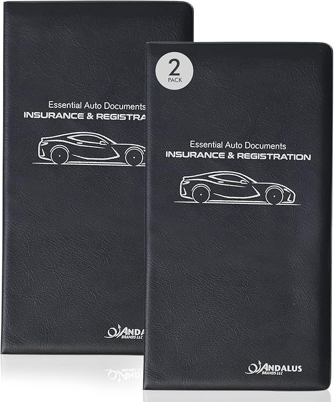 Andalus Auto Registration & Insurance Card Holder Pack of 2, Waterproof Essential Car Registration Holder with Hook & Loop Closure, Perfect for Every Vehicles Glove Boxes (Black - 9.5" x 5.15")