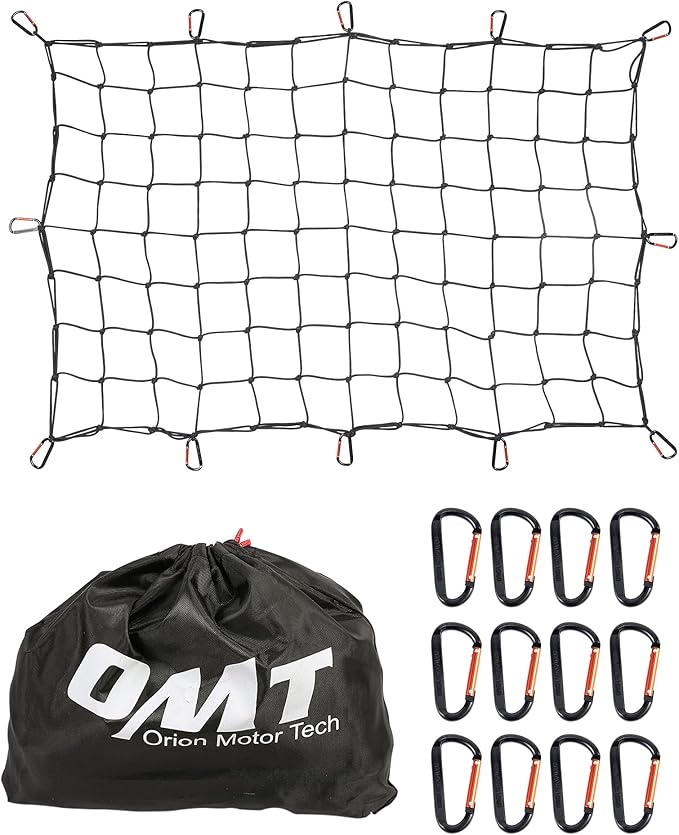 Orion Motor Tech 3x4 ft Heavy Duty Cargo Net for Pickups SUVs Vans Semis, 6x8ft Max Bungee Cord Net for Truck Bed Roof Rack Trailer More with Handmade Knotting, 12 Carabiners, Storage Bag