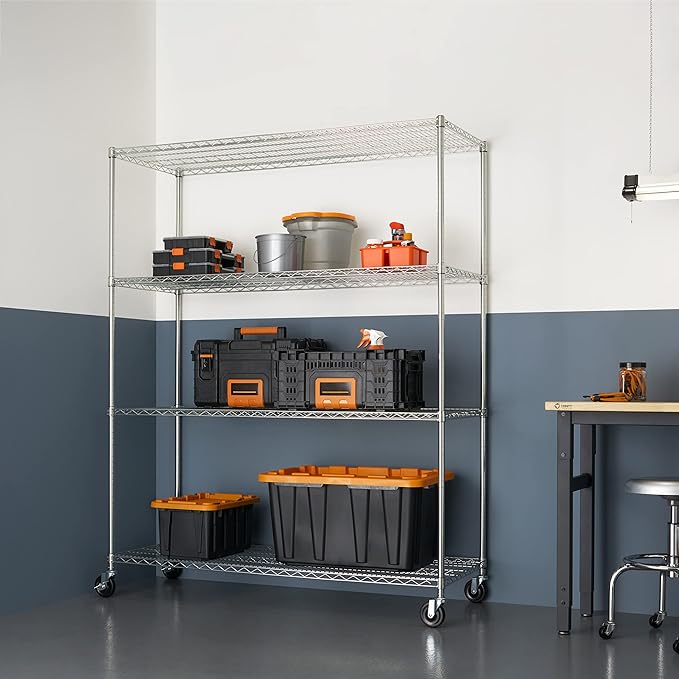 Trinity Basics 4-Tier Adjustable Wire Shelving with Wheels for Kitchen Organization, Garage Storage, Laundry Room, NSF Certified, 600 to 1800 Pound Capacity, 60” by 24” by 72”, EcoStorage Chrome