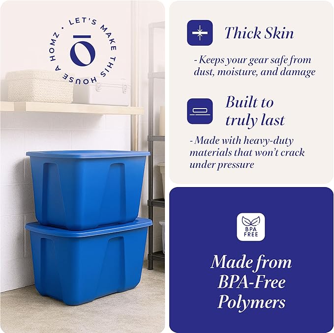 HOMZ 2-Pack Durable Molded Bin, Plastic Storage Containers with Lids, 32 Gallon, Blue - Stackable Organizer Totes and Boxes for Bedroom, Kitchen, and Garage Organization