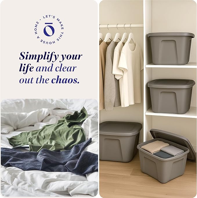 HOMZ 4-Pack Durable Molded Bin, Plastic Storage Containers w/Lids, 10 Gallon, Silver - Stackable Organizer Totes and Boxes for Bedroom, Kitchen, and Garage Organization