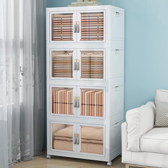 Large Clear Stackable Storage Bins with Lids, 628QT-157QT*4Tier Foldable Cabinet for Closet Organizers, Plastic Storage Box with Wheels White