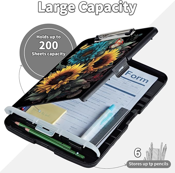 Clipboard with Storage,Clip Boards 8.5X11 with Storage & Pen Holder,Heavy Duty Plastic Nursing Clipboards Foldable,Coaches Clipboard Folder Case,School Office Supplies，Sunflower Butterfly