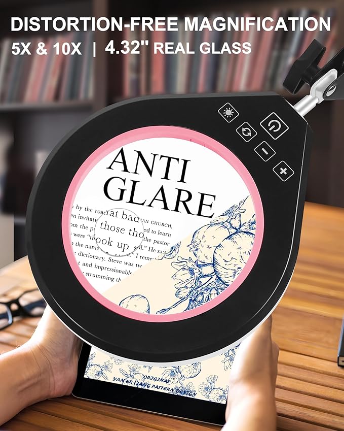 10X & 5X Magnifying Glass with Light, Ultra Long Swing Arm, 5 Colors & 10 Brightness, Real Glass Lens Large Magnifying Lamp for Craft Painting Workbench Jewelry Making Hobby Close Work (Pink)