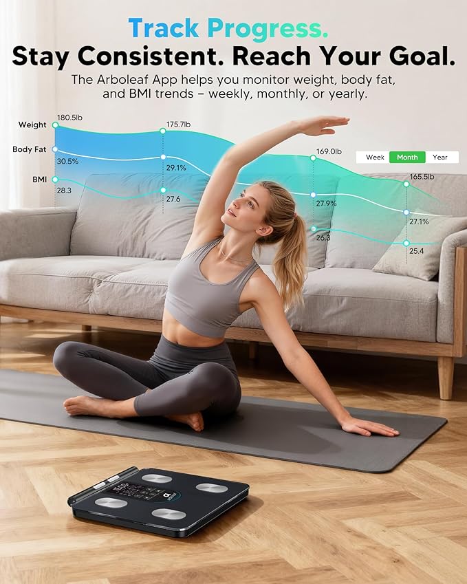 arboleaf Smart Scale for Body Weight, 8-Electrode Dual-Frequency BIA Bathroom Scale with 7-in-1 Display for BMI Body Fat Muscle Mass, Segmental Full Body Composition Analyzer, 50+ Metrics in App