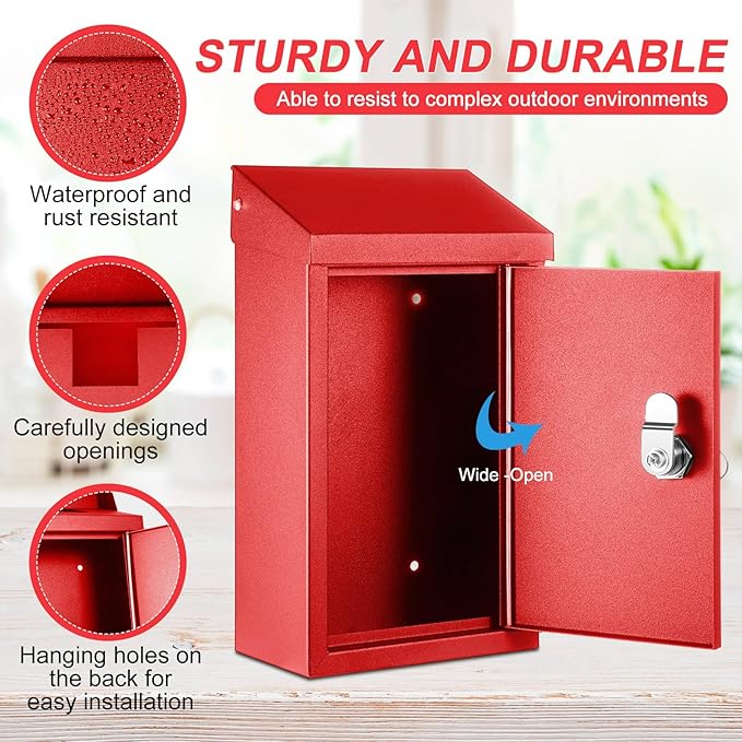 Metal Mount Wall Donation Box Key Lock Money Cash Drop Box with Top Slot and 2 Pcs Reflective Sign 10 x 5.5 x 3 Inch Safe Lock Mailbox with 2 Keys for Outside Office Business Home(Red)