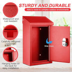 Metal Mount Wall Donation Box Key Lock Money Cash Drop Box with Top Slot and 2 Pcs Reflective Sign 10 x 5.5 x 3 Inch Safe Lock Mailbox with 2 Keys for Outside Office Business Home(Red)