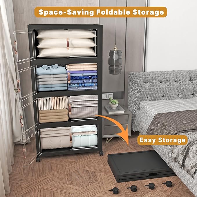 640Qt Stackable Storage Bins with Lids, 4 Pack Large Collapsible Bins with Wheels, Plastic Cabinet with Doors, Foldable Closet Organizers and Storage for Home, Dorm, Office, Black