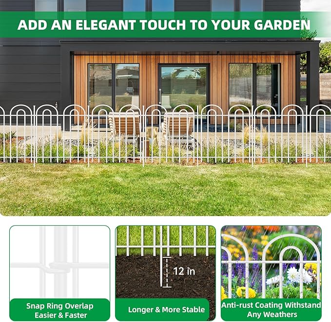 25 Panels Decorative Garden Fence, 24 in(H) X 50 ft(L) No Dig Dog Fence Outdoor for Yard, Rustproof Metal Garden Fencing Animal Barrier with Ground Stakes, Temporary Fencing for Patio Outdoor, White