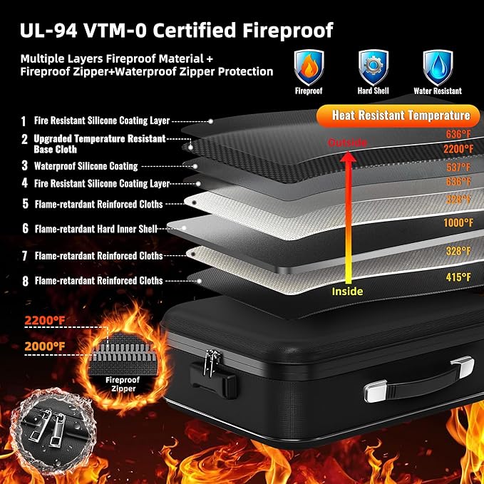 Fireproof Document Box - 8-Layer Hard Shell Fire Proof Safe for Home Documents, Water Resistant File Organizer for Desk Money, Safety Box for Passports Certificates Laptop