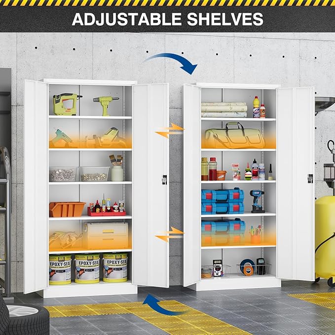 Metal Storage Cabinet-72” Tall Steel File Cabinets with Lockable Doors and Adjustable Shelves-White Steel Storage Cabinet for Kitchen, Office, Garage