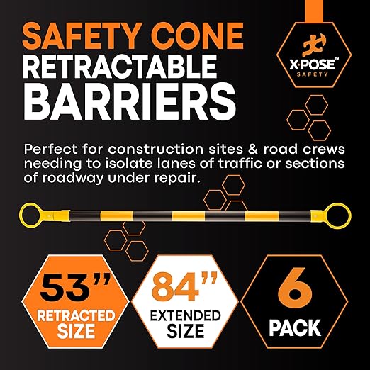 Retractable Barrier for Safety Traffic Cones - 2" OD - Large Yellow and Black Bar Barricade - for Road Construction, Parking, Warning, Temporary Security Divider (6, Yellow & Black, 53" x 84")
