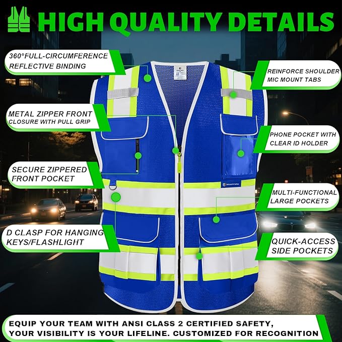 BeautyWill Custom Logo 10 Pockets Safety Vest Class2 ANSI Certified High Visibility Reflective Vest