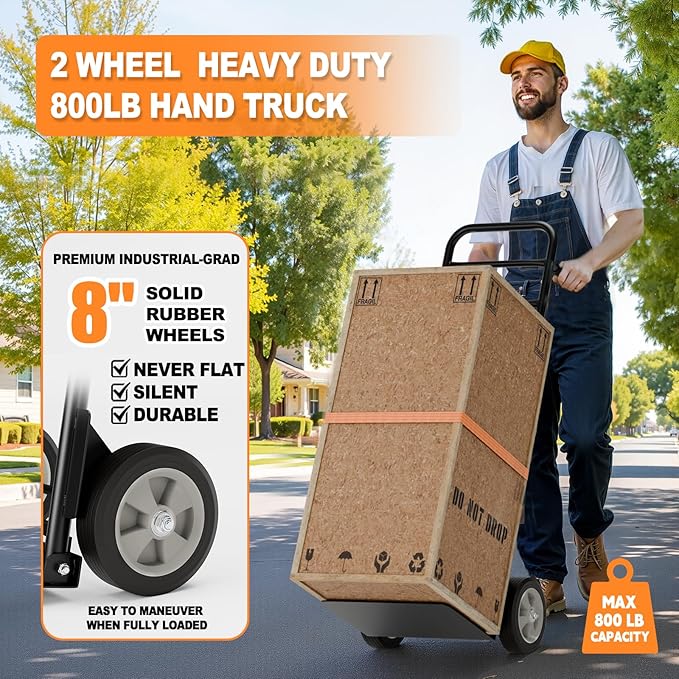 Folding Hand Truck Heavy Duty, 600 LB - 800 LB Moving Dolly Cart, Compact Foldable Alloy Steel Design, Adjustable 47.5"/51.5", 8" Solid Rubber Wheels, Ideal for Warehouse, Home, Office, Small Business