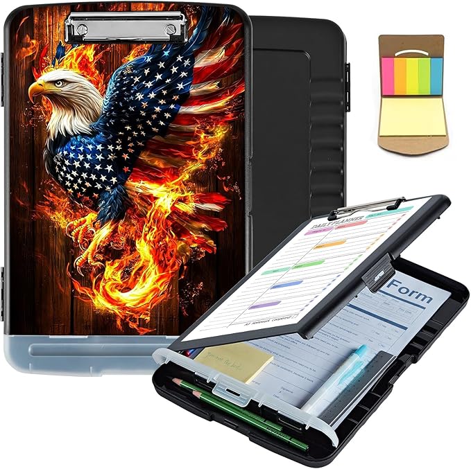 Clipboard with Storage,Clip Boards 8.5X11 with Storage Pen Holder,Heavy Duty Plastic Nursing Clipboards Foldable,Coaches Clipboard Folder Case,School Office Supplies-American Eagle Rebirth of Fire
