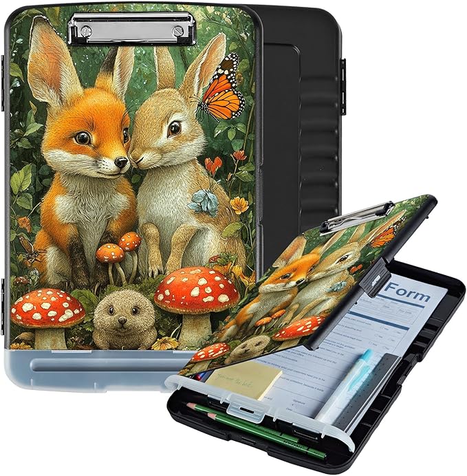 Clipboard with Storage Box & Pen Holder,Heavy Duty Clip Boards 8.5x11 for Nursing,High Capacity,School & Office Supplies,Fox Rabbit Mushroom