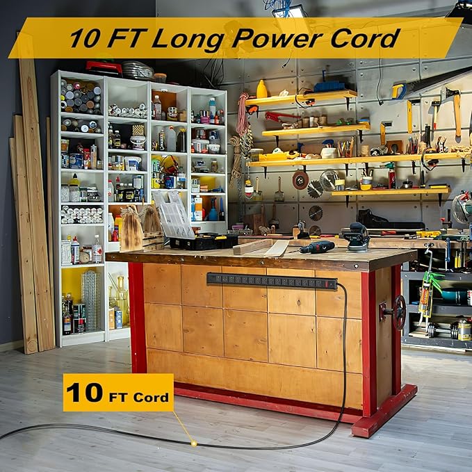 10-Pack Long Surge Protector Power Strip,16 Outlet Heavy Duty Power Strip Metal Power Bar,10 FT Long Extension Cord with Circuit Breaker for Garage,Workshop, 125V/1875W, ETL Listed, Black