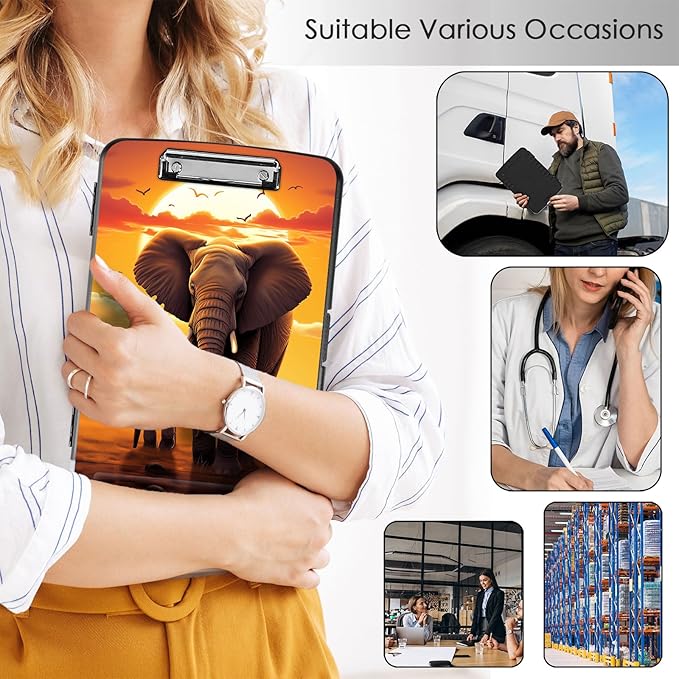 Clipboard with Storage,Office Supplies Nursing Clipboards Folder with Pen Holder Plastic Storage ClipBoard Foldable for Teacher Nurse,Sunset Elephant