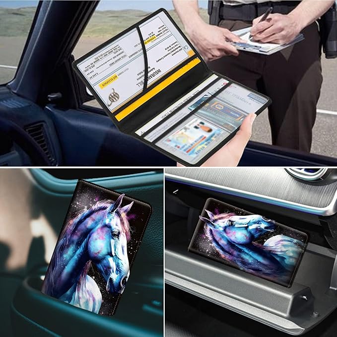 Car Registration and Insurance Holder, Leather Car Glove Box Organizer, Cool Car Accessories for ID, Driver's License Cards & Essential Document,business cards,Men&Women,Watercolor Horses