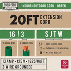 20 Foot Outdoor Extension Cord - 16/3 SJTW Green 16 Gauge Electrical Cable with 3 Prong Grounded Plug - Great for Powering Christmas Lights