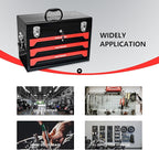 3 Drawers Metal Tool Box, 19" Heavy Duty Steel Tool Chest w/Key Lock & Handle, Multi-Function Top Storage Tray Toolbox w/Powder Coating & Ball Bearing Slides for Garage & Workshop(Black+Red)