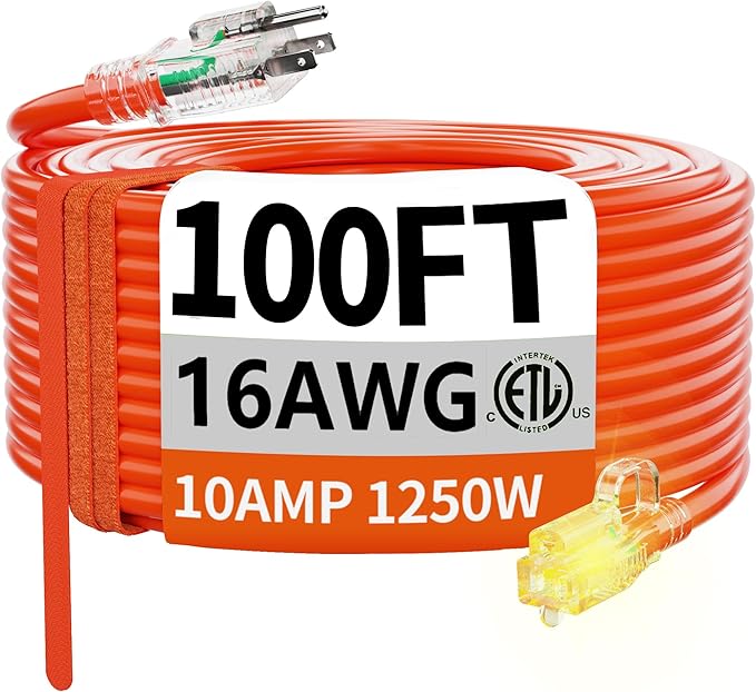 HUANCHAIN 16/3 100 ft Outdoor Extension Cord Waterproof with Lighted End, Flexible Cold-Resistant 3 Prong Electric Cord Outside, 10A 1250W 125V 16AWG SJTW, Orange, ETL Listed