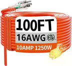 HUANCHAIN 16/3 100 ft Outdoor Extension Cord Waterproof with Lighted End, Flexible Cold-Resistant 3 Prong Electric Cord Outside, 10A 1250W 125V 16AWG SJTW, Orange, ETL Listed